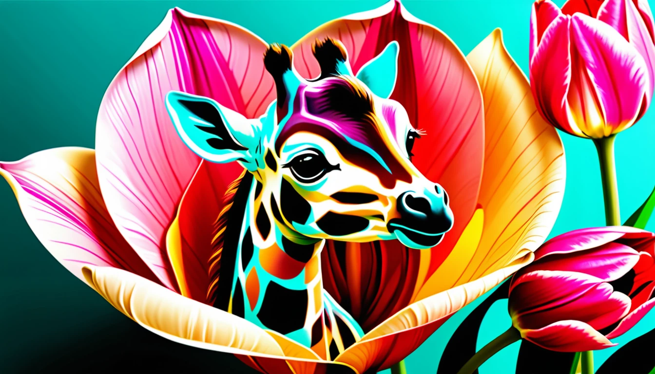 Giraffa cucciolo rannicchiata dentro di un tulipano rosa all’alba