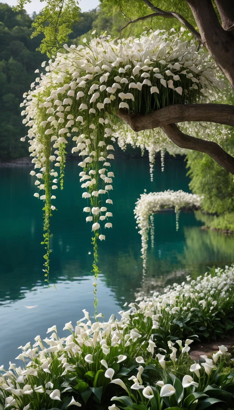 Blühender Baum mit herabfallenden weißen Blüten an einem klaren See
