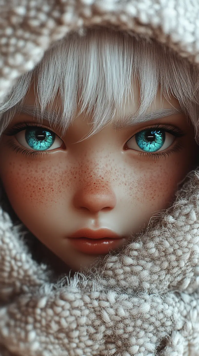 Doll like girl portrait with turquoise hypnotic eyes