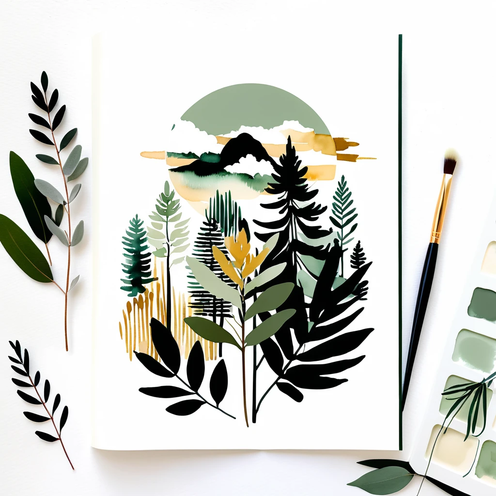 Zarte immergrüne botanische Aquarellmalerei mit luftiger Negativfläche