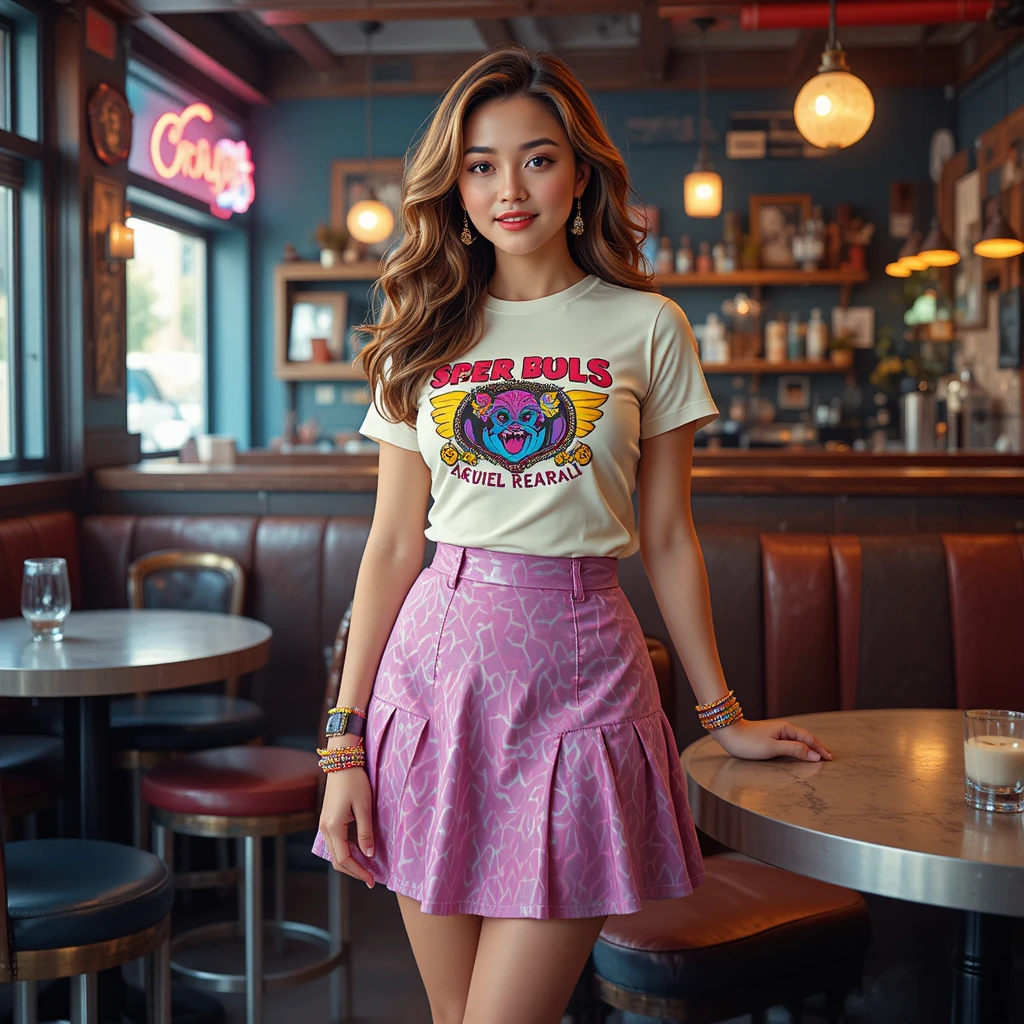 Femme rétro en tenue des années 1980 dans un café chaleureux