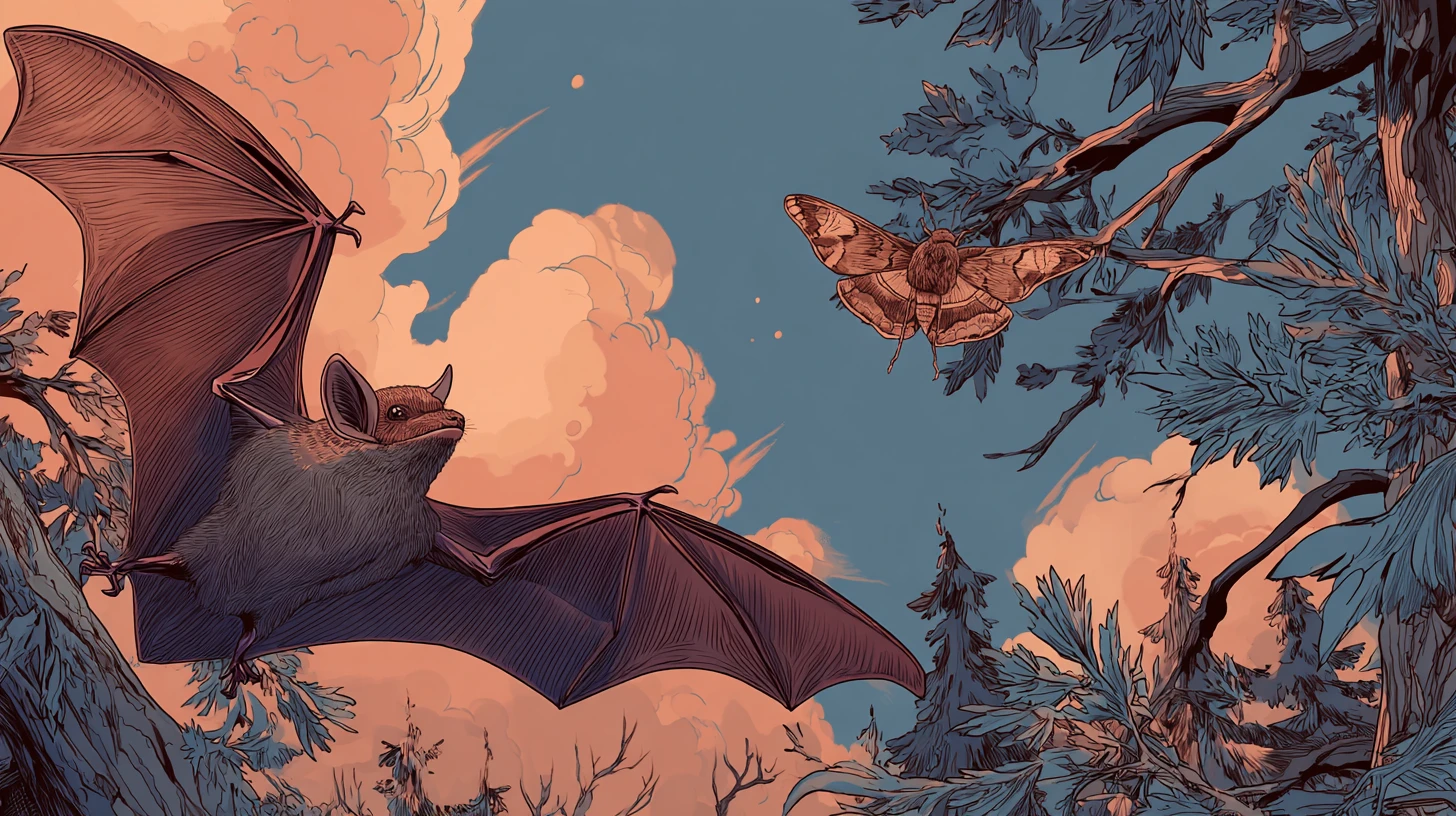 Noctule bat hunting a moth above forest treetops at dusk