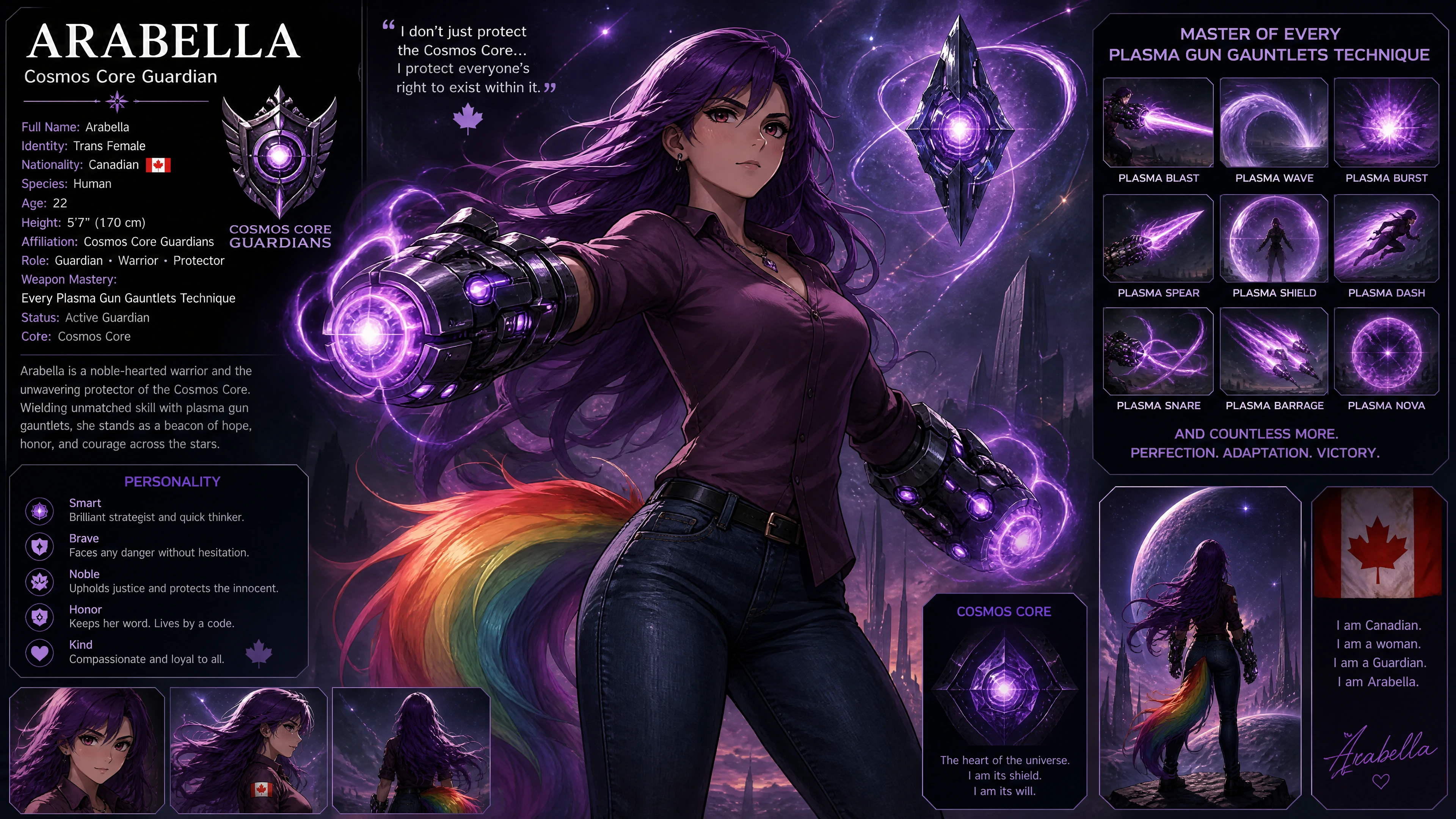 Corajosa mulher trans guardiã com manoplas de plasma no espaço cósmico