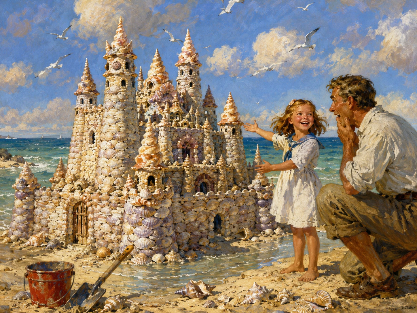 Menina mostra castelo de conchas na praia ensolarada ao pai