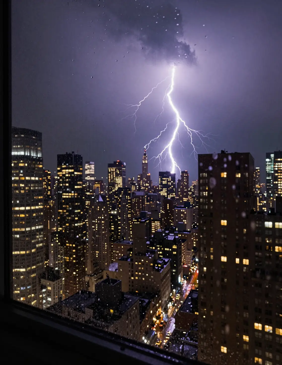 Horizonte tempestuoso de Nova York com relâmpagos à noite