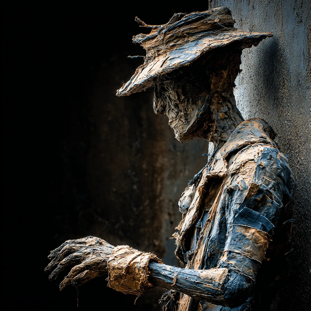 Surreal plague doctor figure before a dark concrete wall