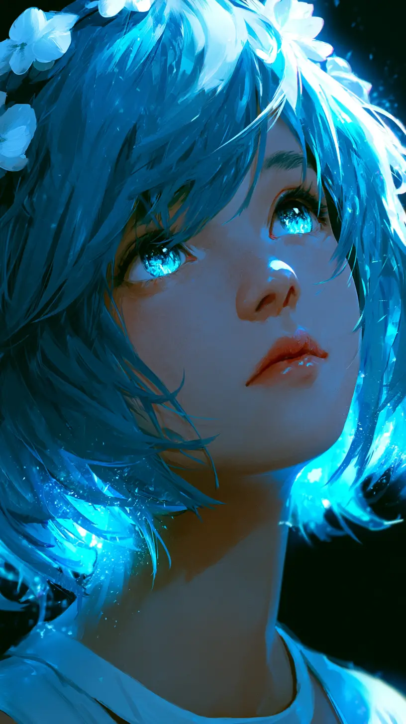 藍髮動漫少女的空靈發光肖像
