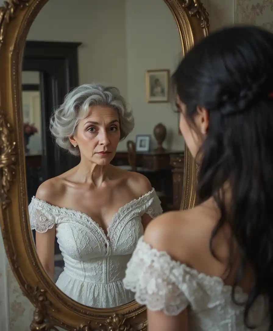 Young woman facing her elderly reflection in a gold mirror