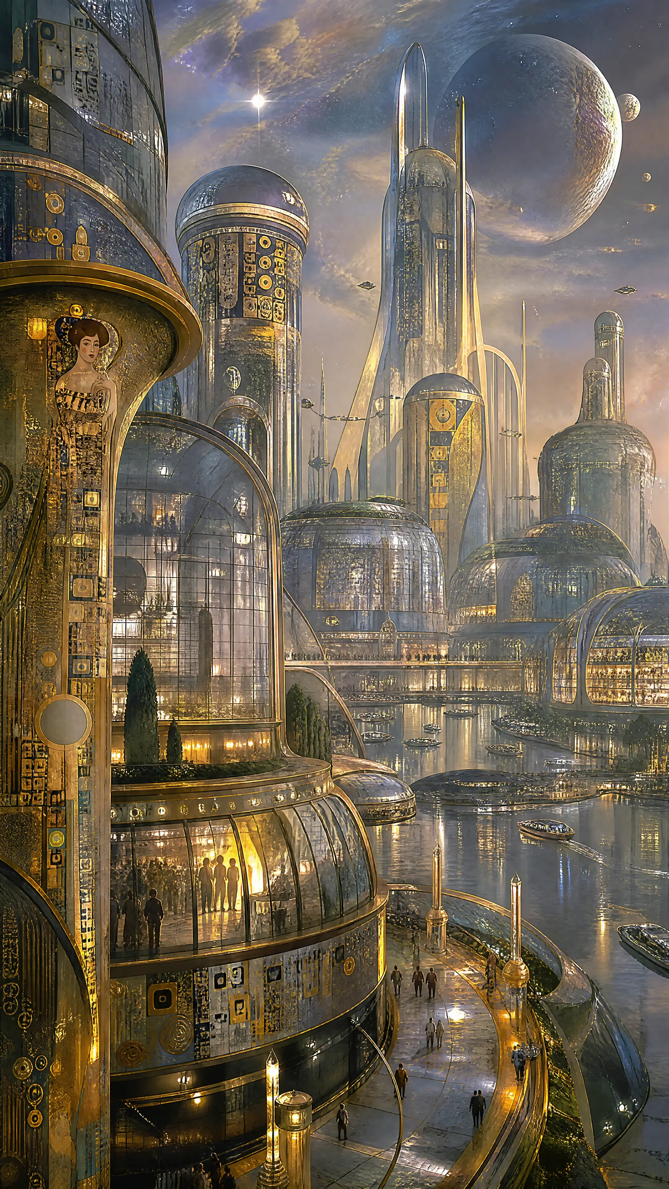 Futuristic glass cityscape with rounded architectural forms