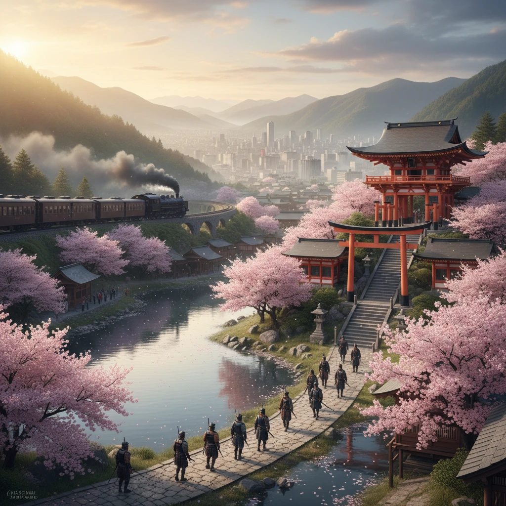 Traditionelles japanisches Dorf mit Samurais und Bergschrein
