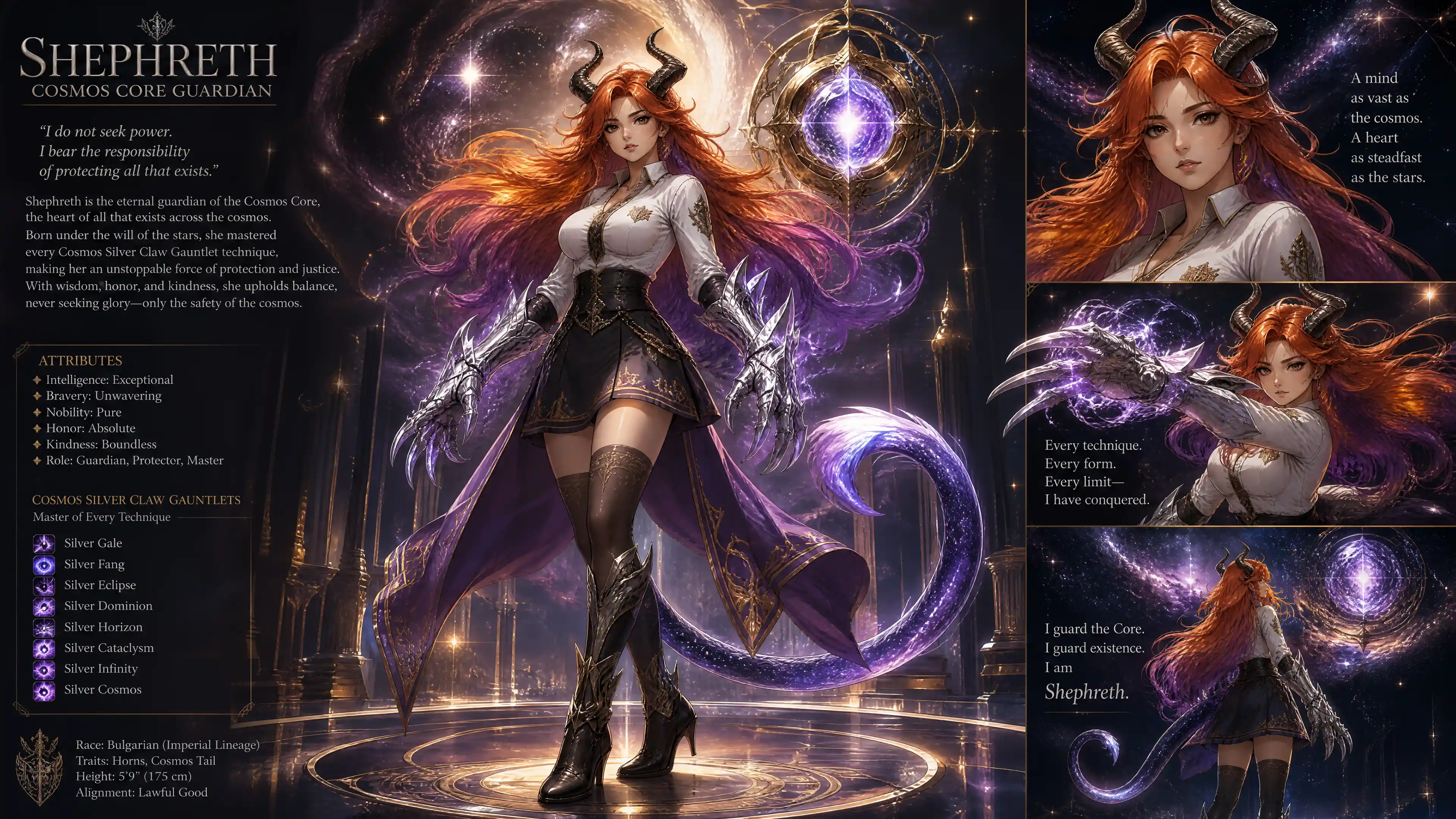 Cosmic horned guardian woman with flowing orange purple hair