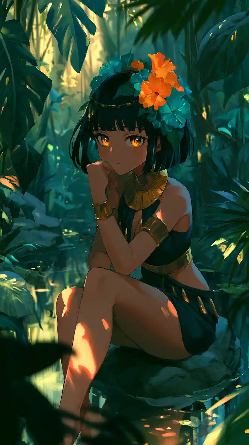 Anime girl by a jungle pond in golden sunlight