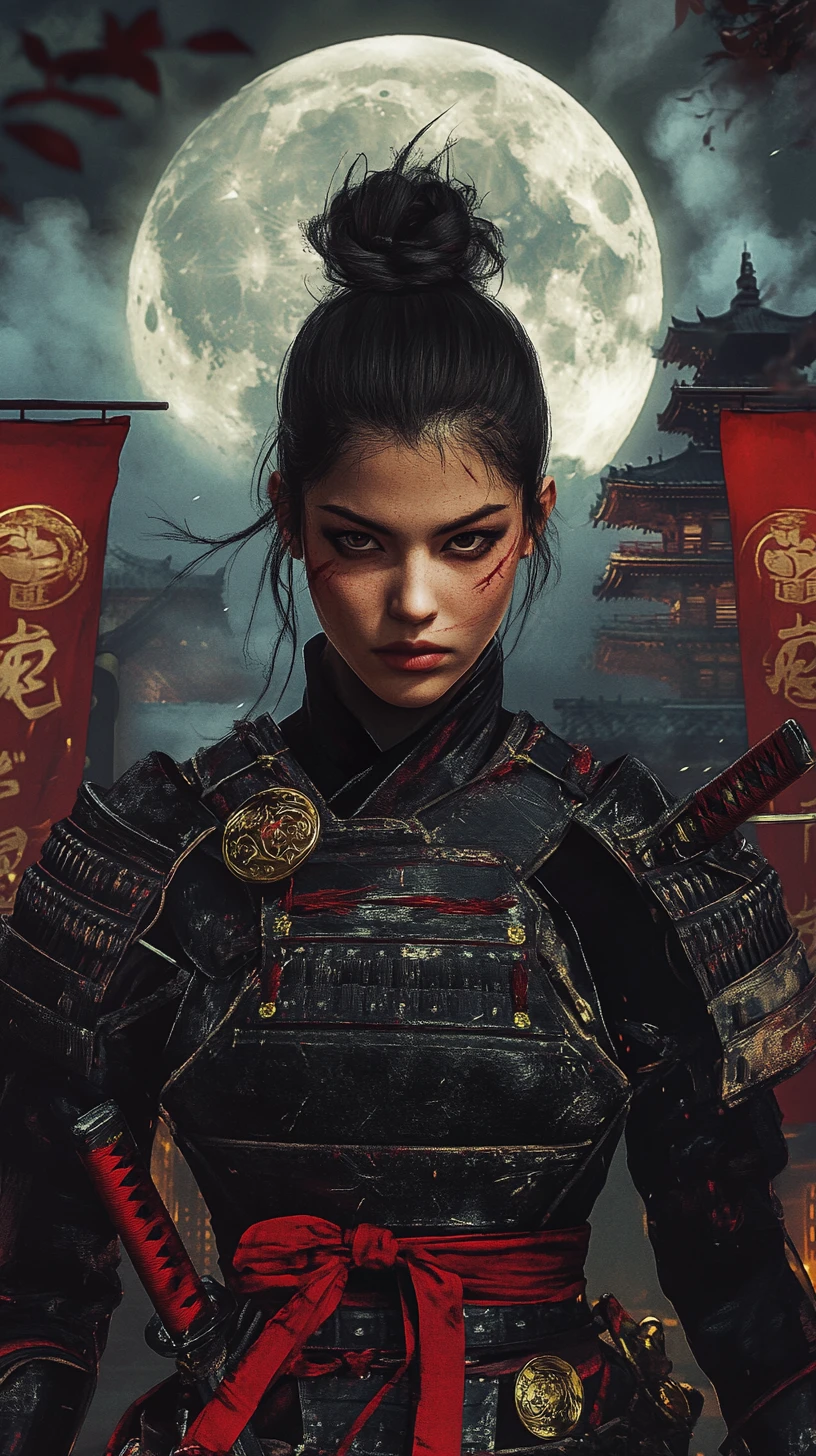 霧の日本の村の夜に立つ刀を構えた女戦士