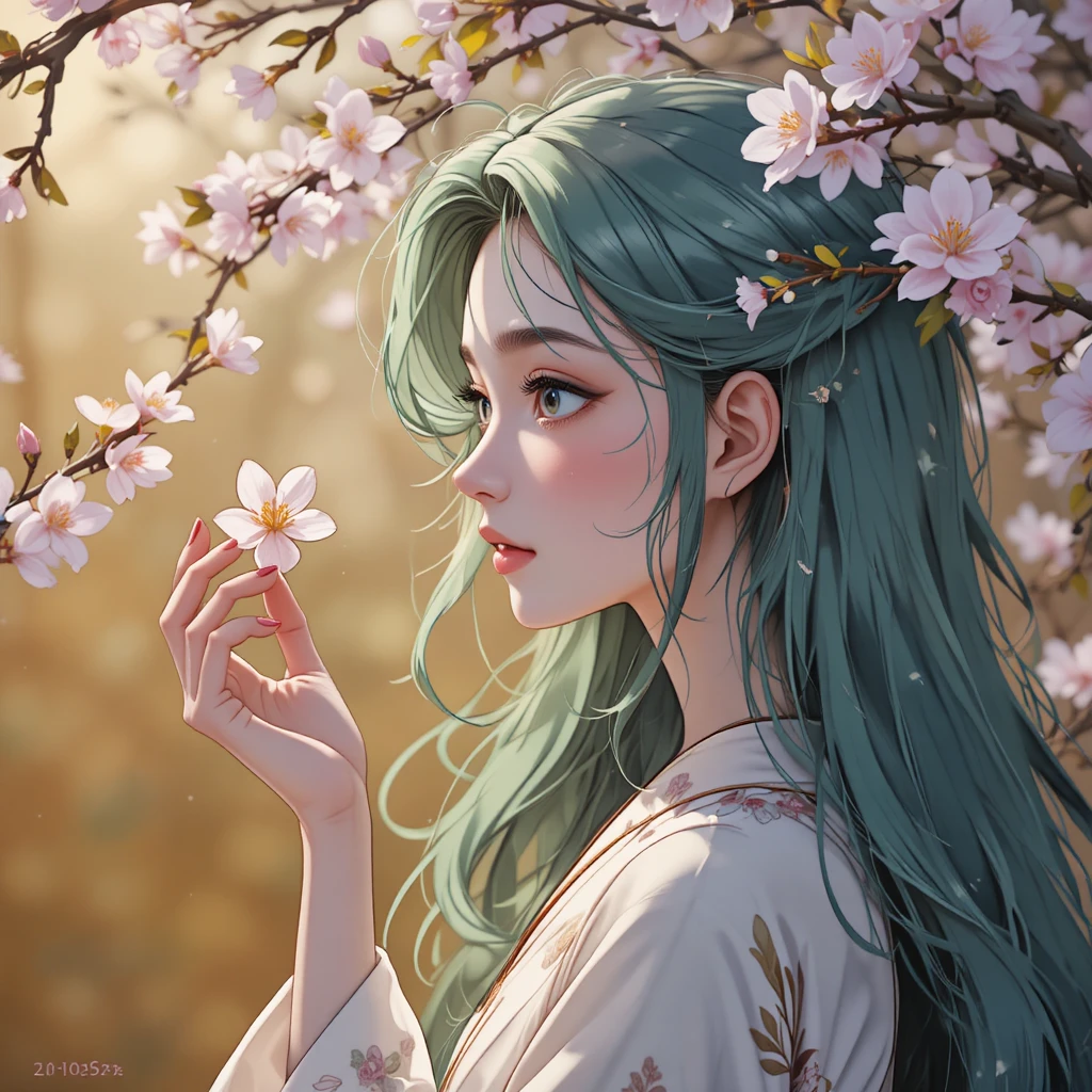 側臉的動漫少女觸碰盛開的杏樹