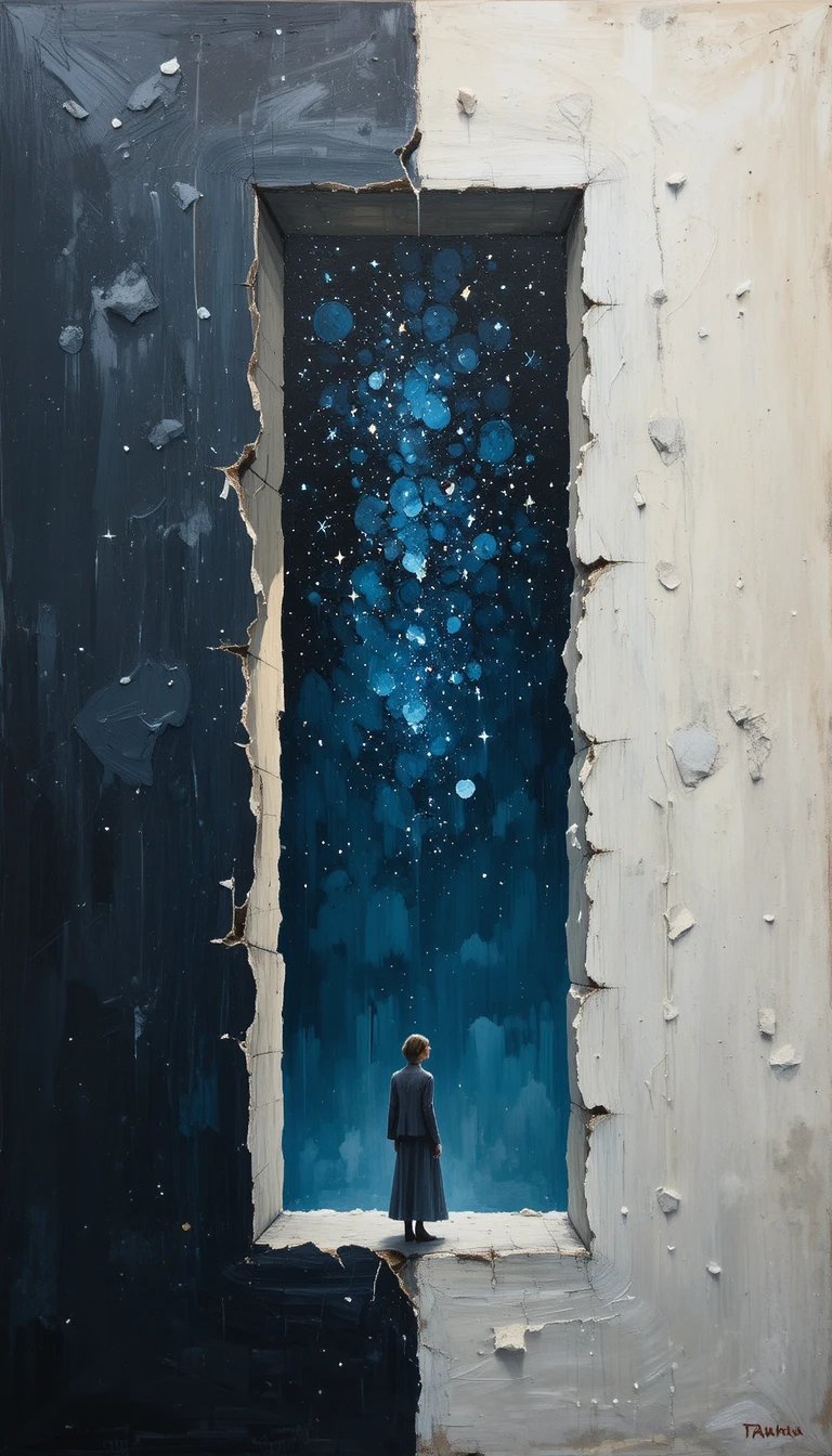 Jovem contemplando o céu estrelado através de uma tela rasgada
