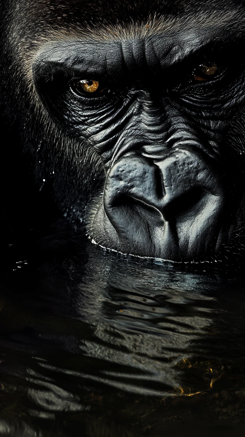 Gorillagesicht, das aus der Dunkelheit in stiller Reflexion auftaucht