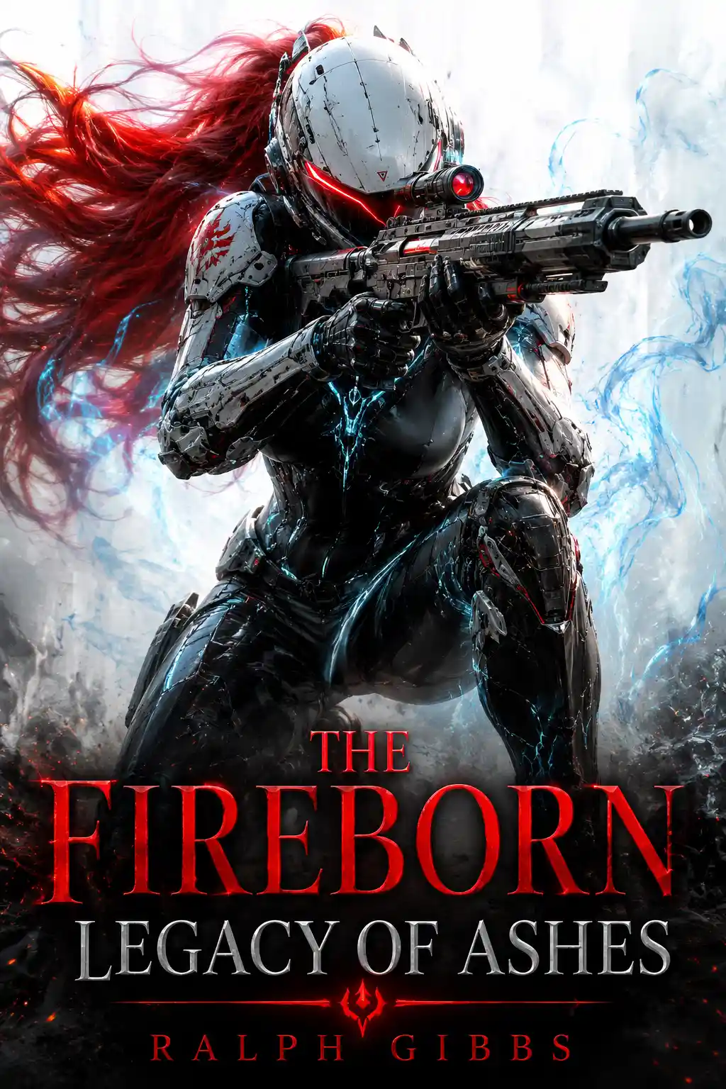Futuristic warrior woman aiming rifle in radiant energy
