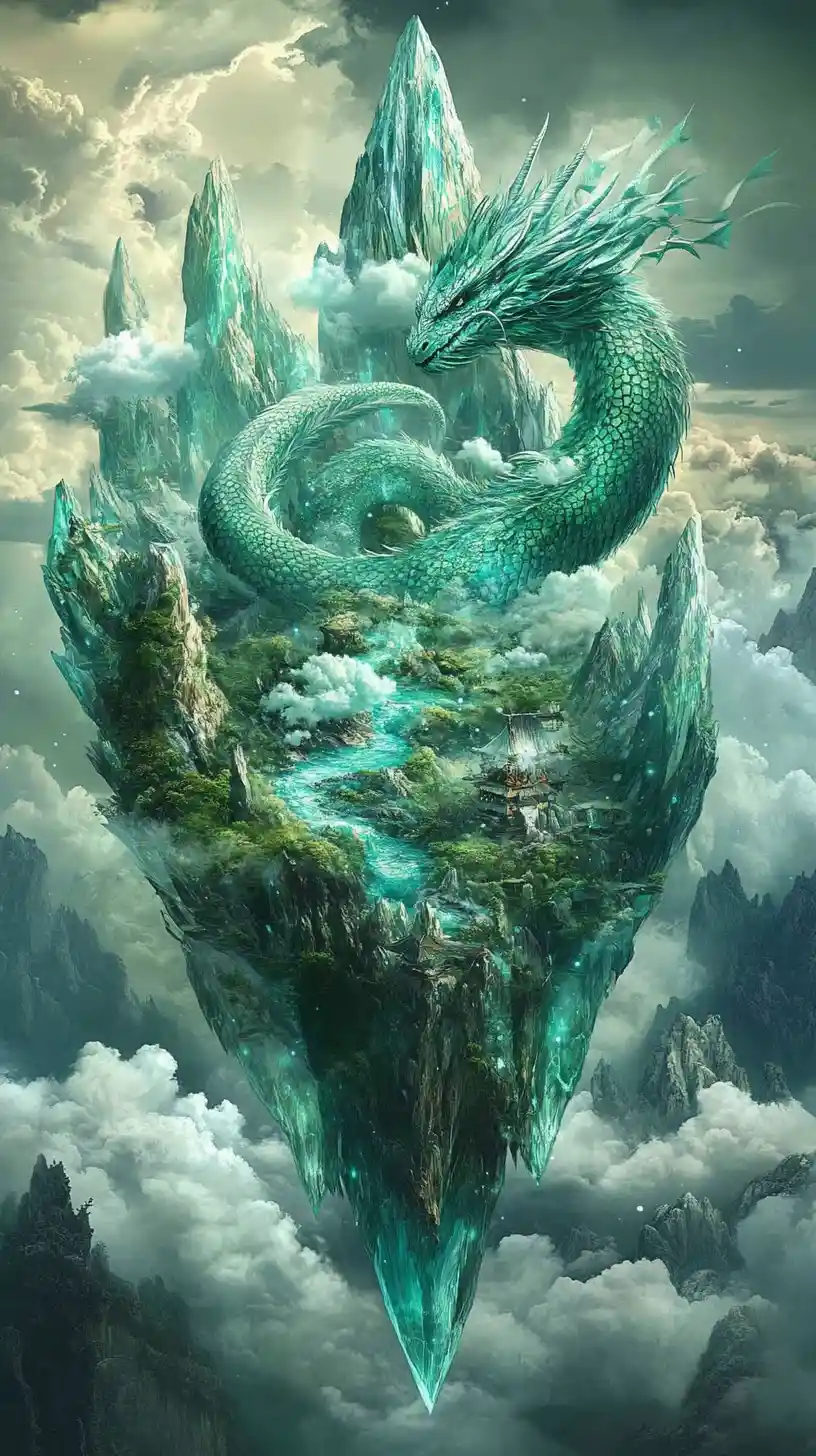 Dragon Formed From Crystalline Rivers And Mountain Clouds