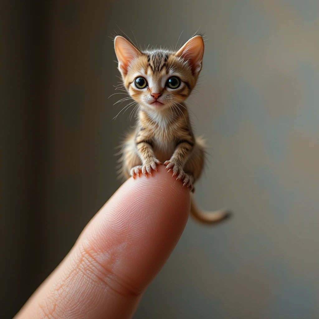 Gatinho minúsculo em pé sobre um dedo humano em macro