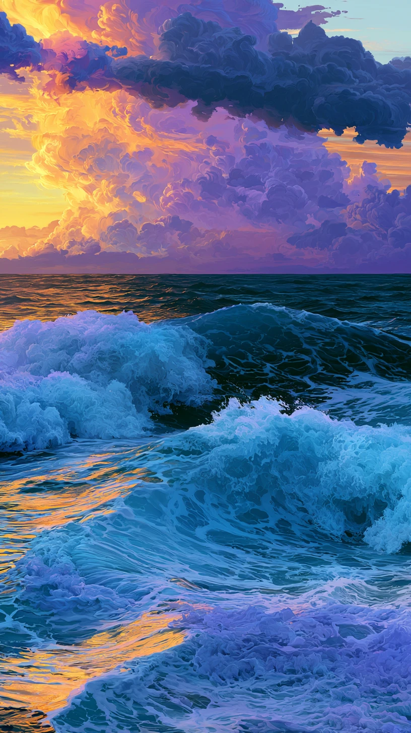 Ondas abstratas fluindo por um espaço surreal e colorido