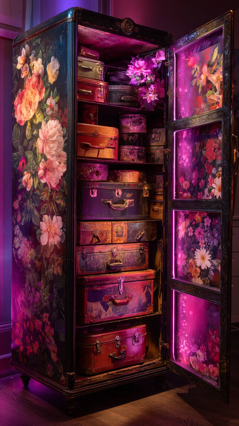 Hoher Vintage-Kleiderschrank mit Koffern und Hutschachteln