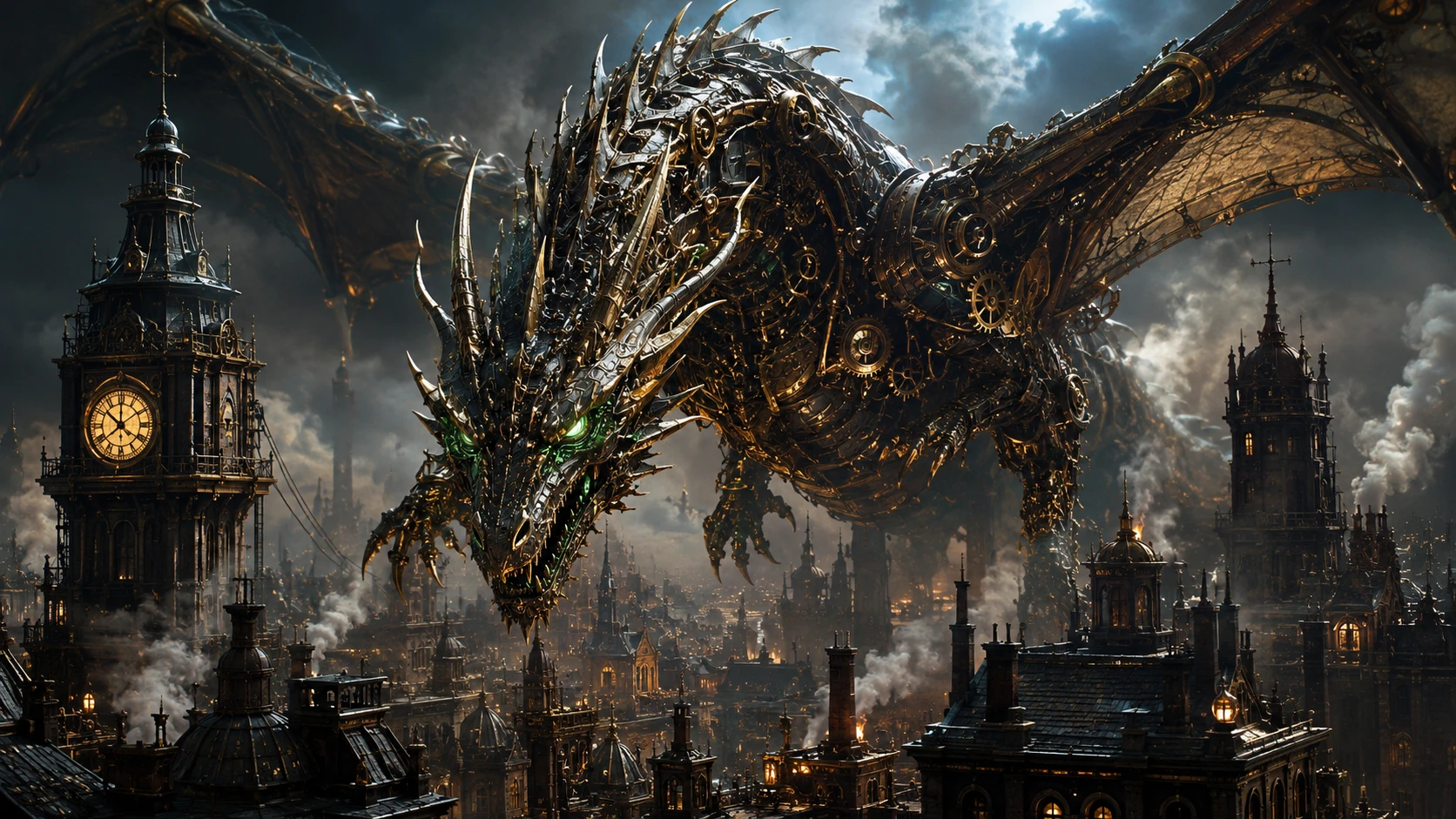 Dragão mecânico sobre uma cidade vitoriana steampunk coberta de fumaça