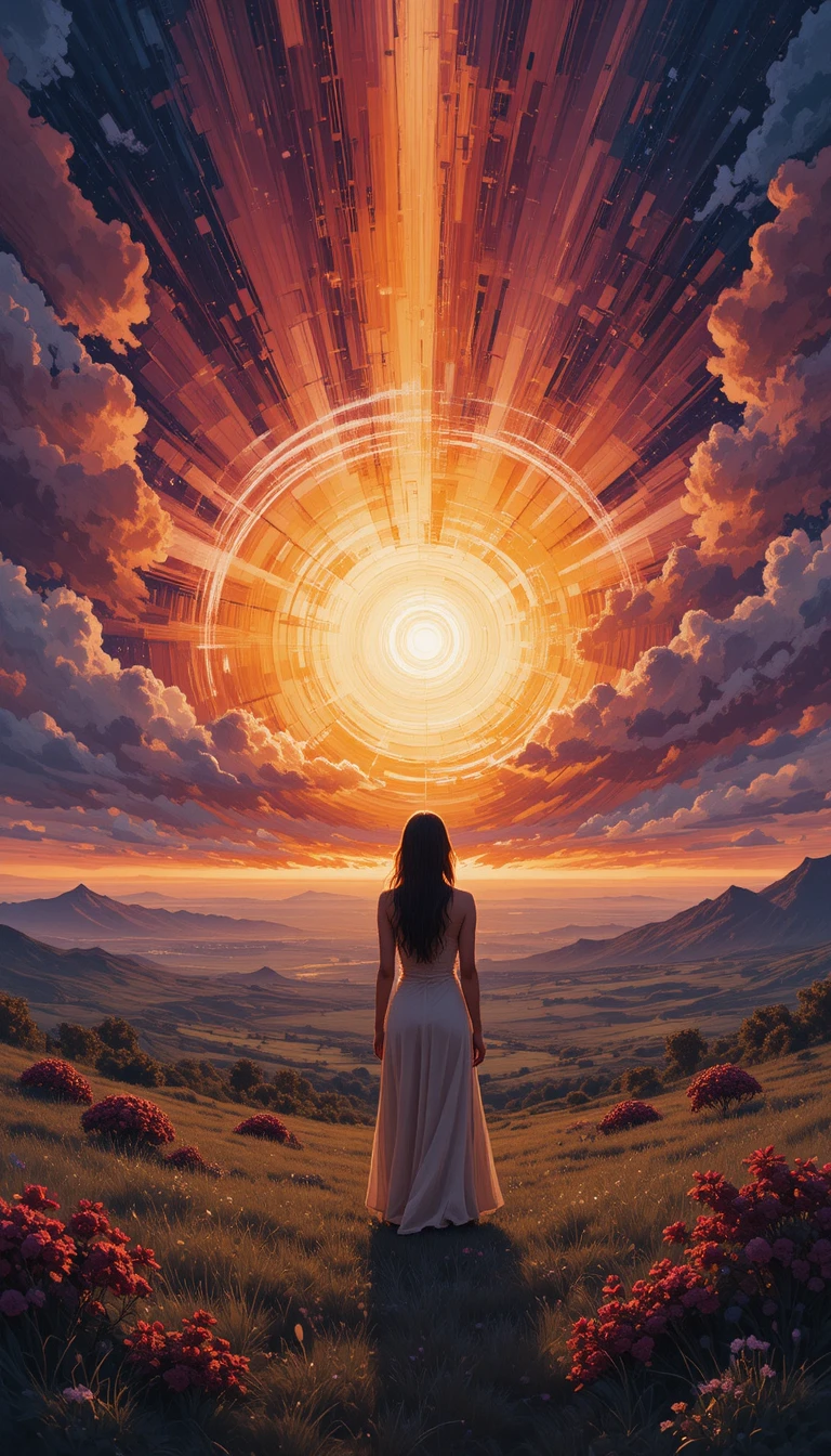 Jeune femme contemplant un coucher de soleil monumental dans les champs