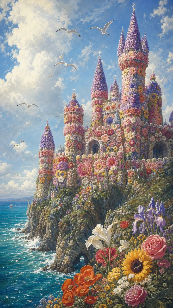 Mittelalterliche Blumenburg auf einer Klippe über türkisblauem Meer