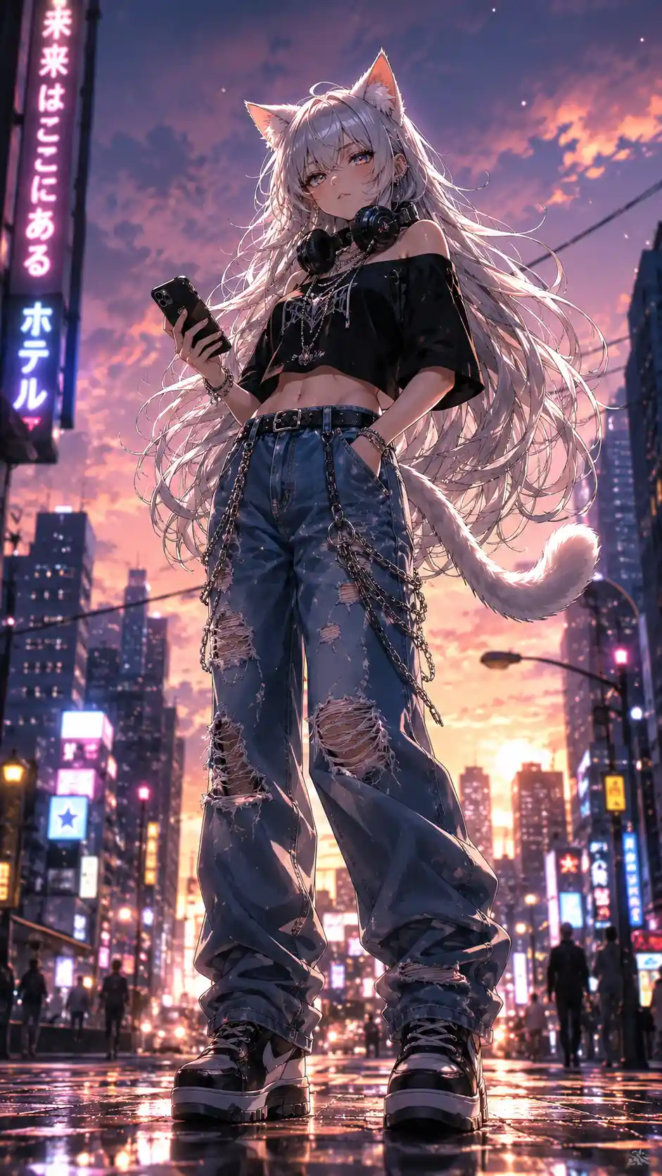Anime cat girl on a city street at dusk