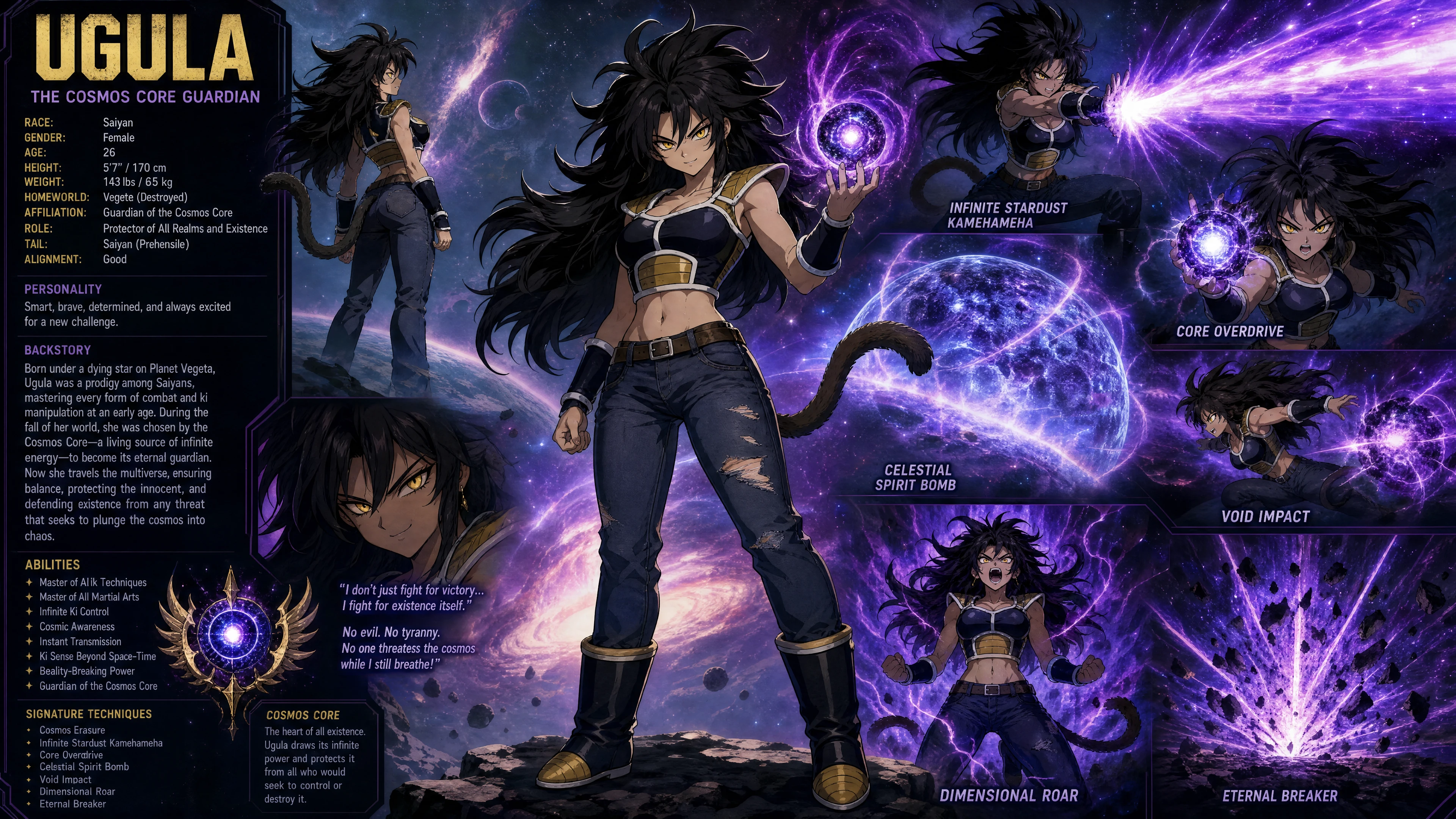 Guerriera saiyan con energia cosmica nello spazio