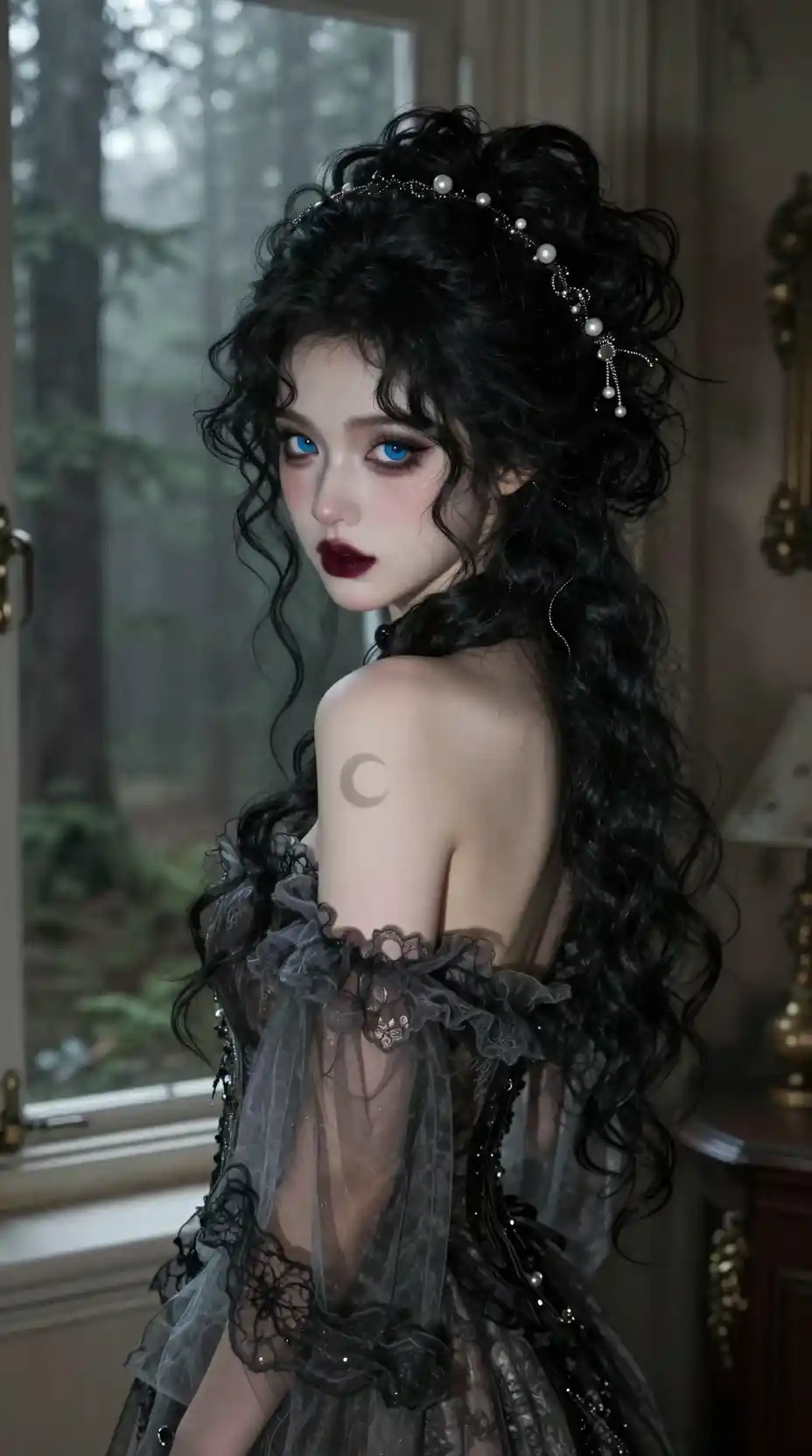 Gothische Fantasy-Frau, die sich am offenen Fenster umblickt