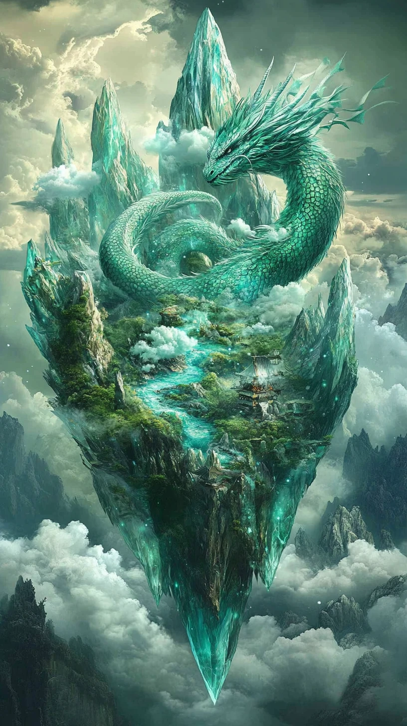 Dragon Formé par des Rivières Cristallines et des Nuages de Montagne