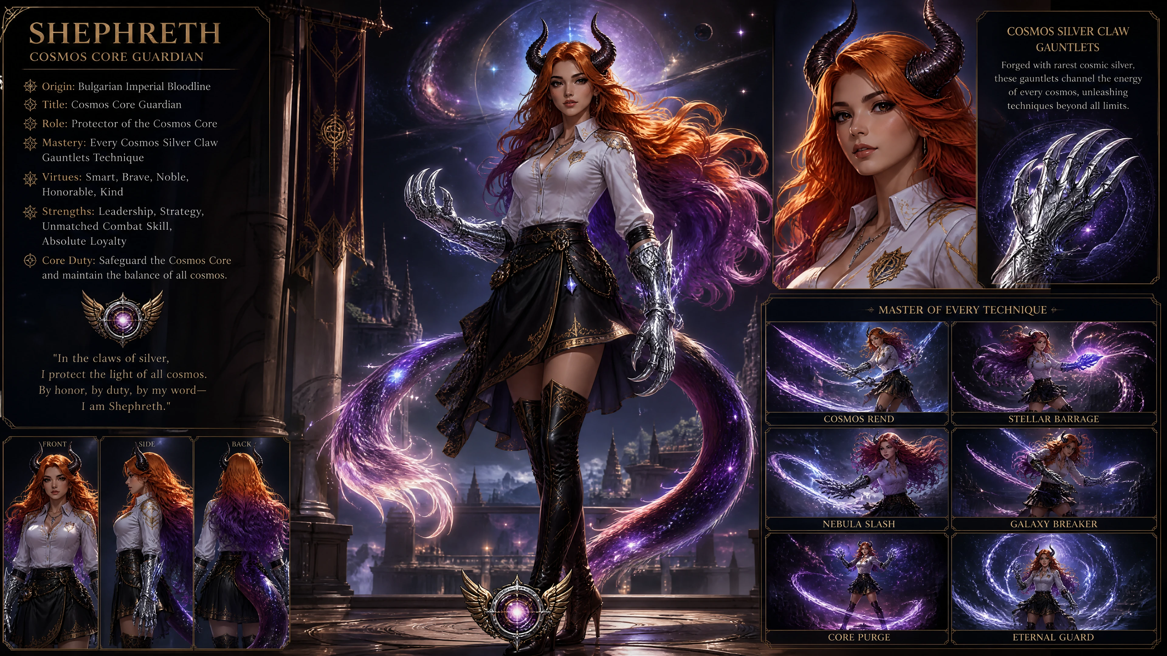 Cosmic horned guardian woman with flowing orange purple hair