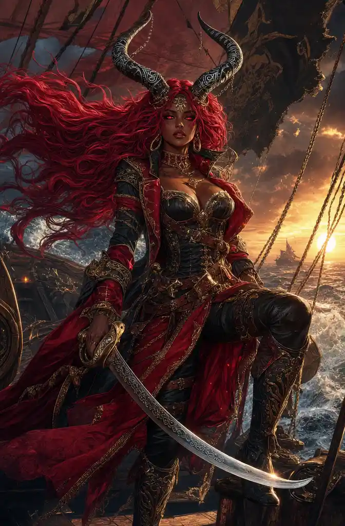 Envoûtante Femme Pirate Démon aux Yeux Lumineux et aux Cornes