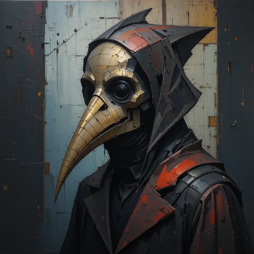 Abstract cubist plague doctor with fragmented geometric beak mask