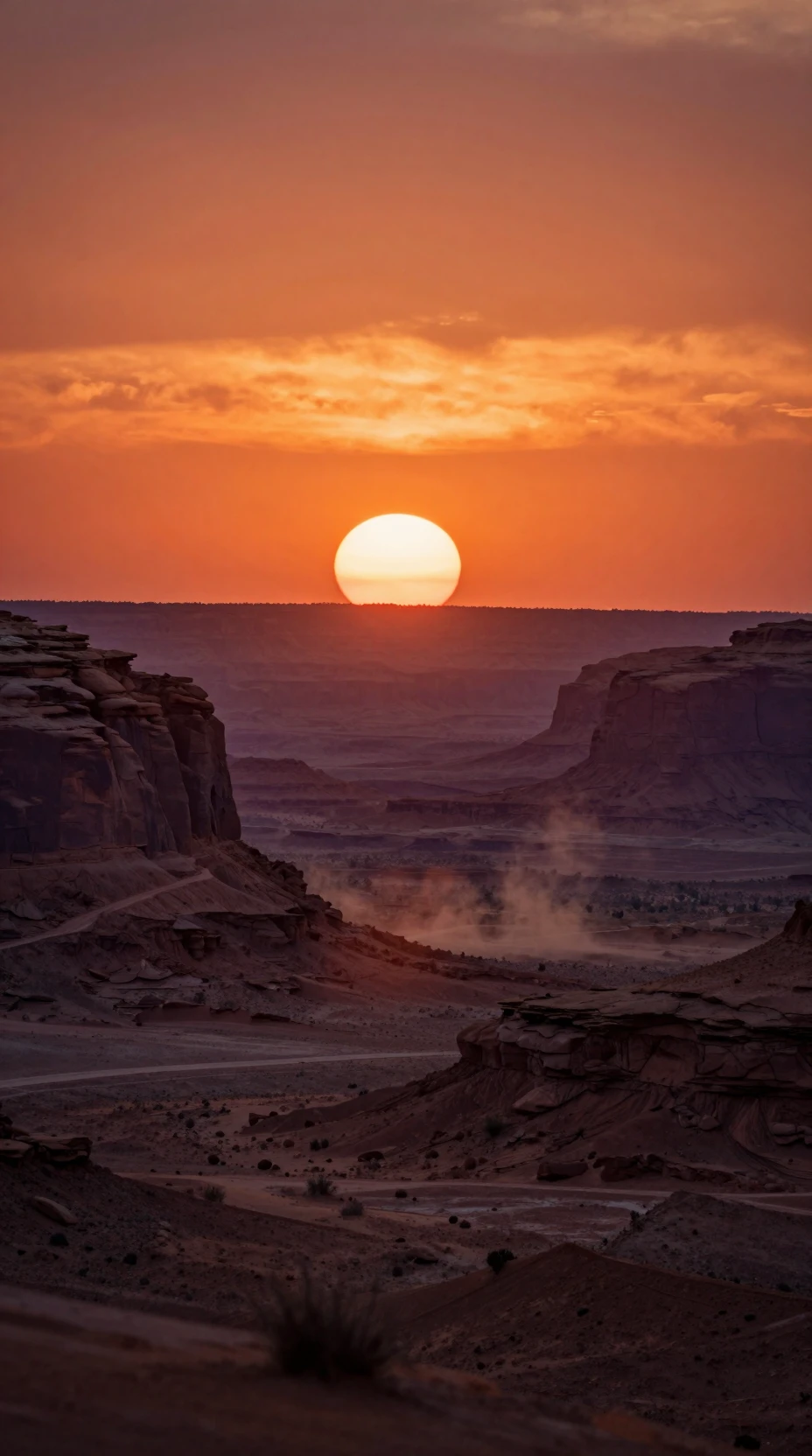 Pôr do sol cinematográfico no deserto sobre mesetas e cânions distantes