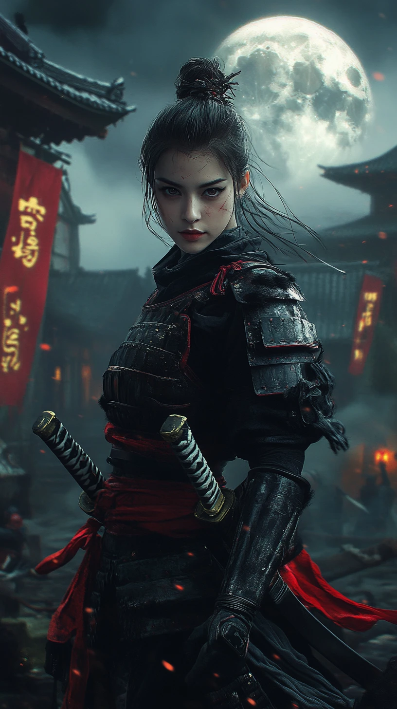 月明かりの日本の村に立つ女刀剣戦士