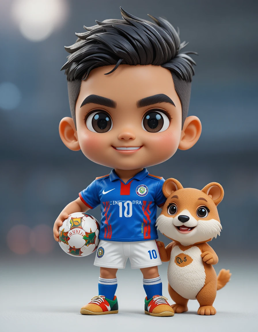 Süßer Chibi-Fußballspieler mit lächelndem Gesicht und Maskottchen