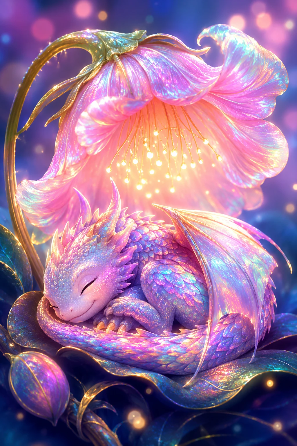 Schlafendes Babydrache unter leuchtender rosa Blume