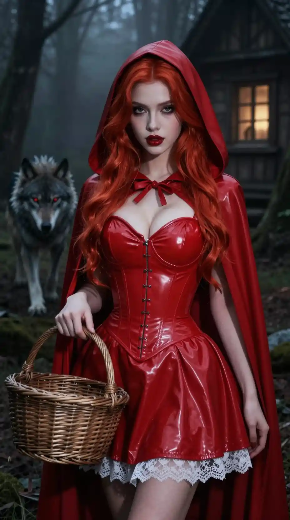 Mulher de capuz vermelho cinematográfico em uma floresta escura e enevoada