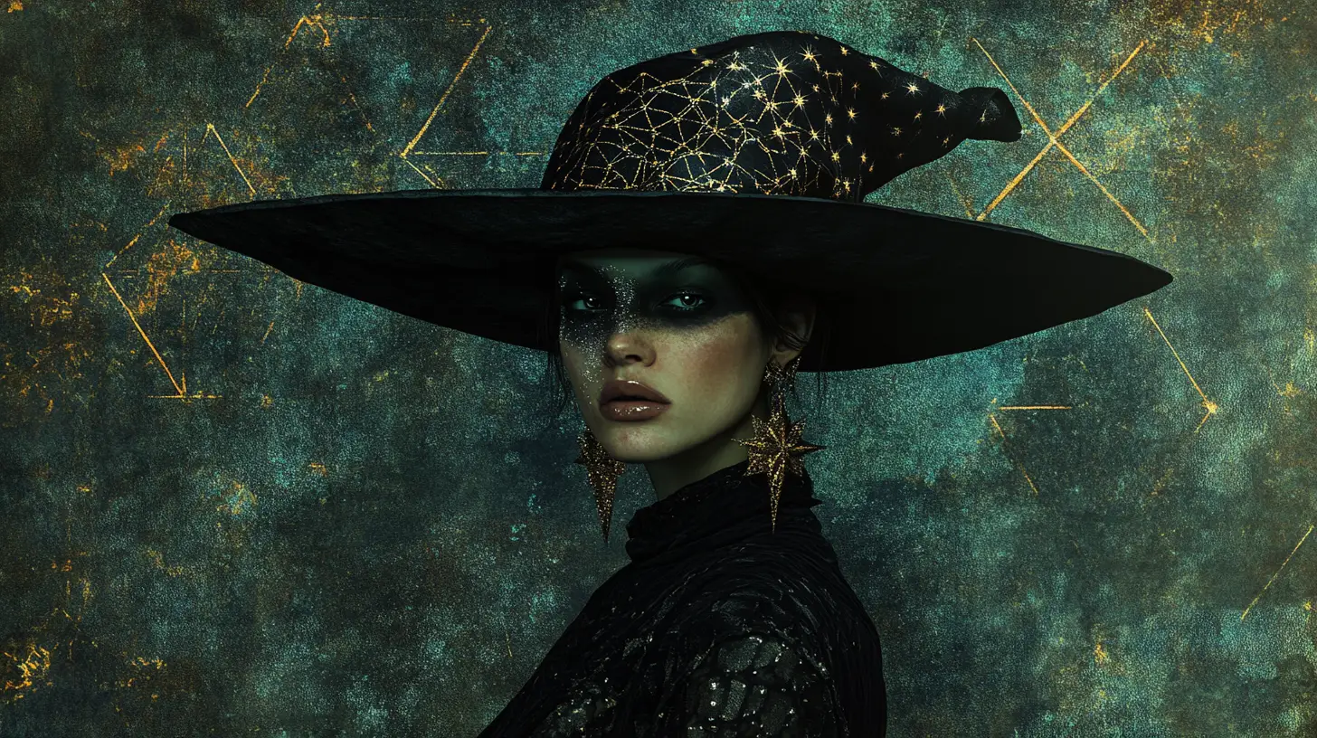 Stylized witch in celestial hat with geometric cosmic backdrop