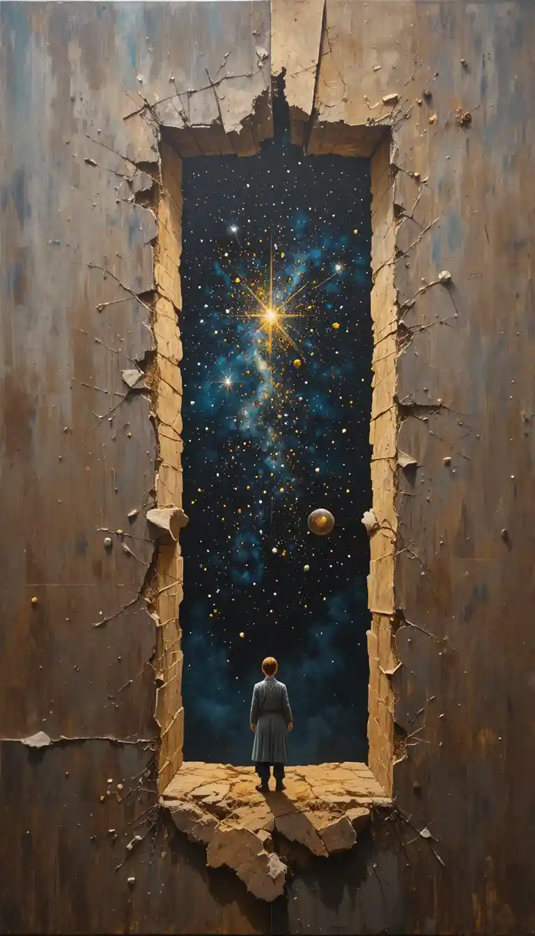 Young woman gazing through a torn canvas at starry night