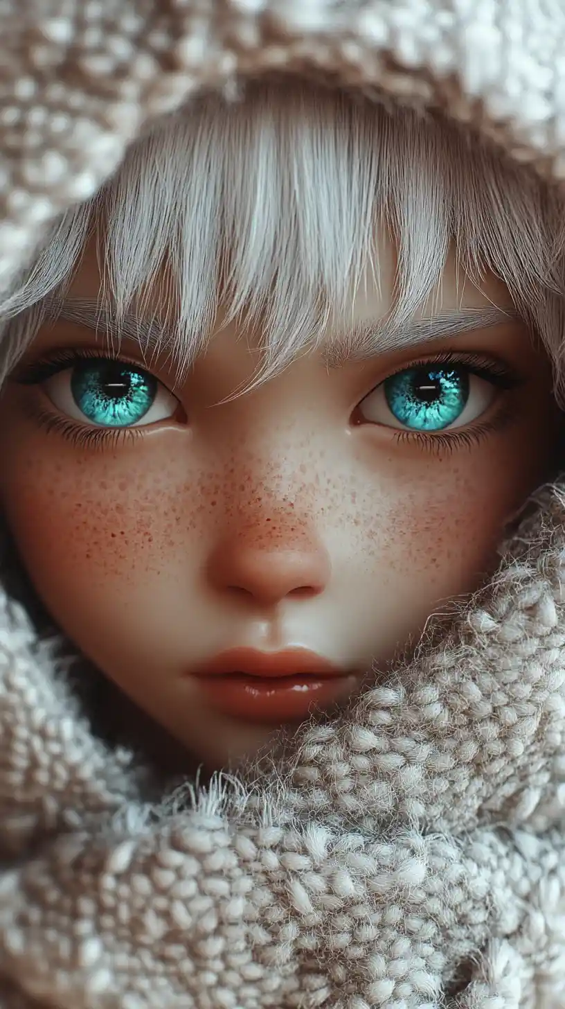Doll like girl portrait with turquoise hypnotic eyes