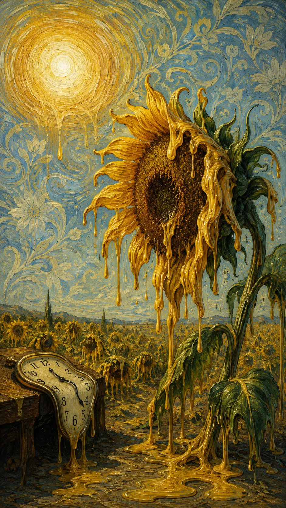 Girasole surreale che si scioglie sotto un sole intenso nel campo