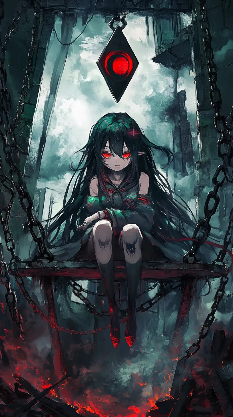 Anime-Mädchen vor einer geketteten Plattform und leuchtenden Pyramide