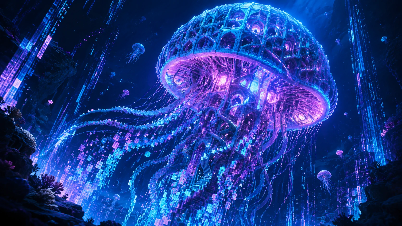 Surreal Deep Sea Jellyfish Of Architecture And Data Light