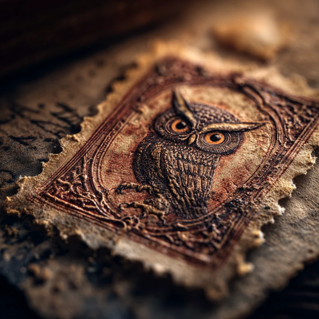 Vue macro d’un timbre ancien avec chouette sur bois