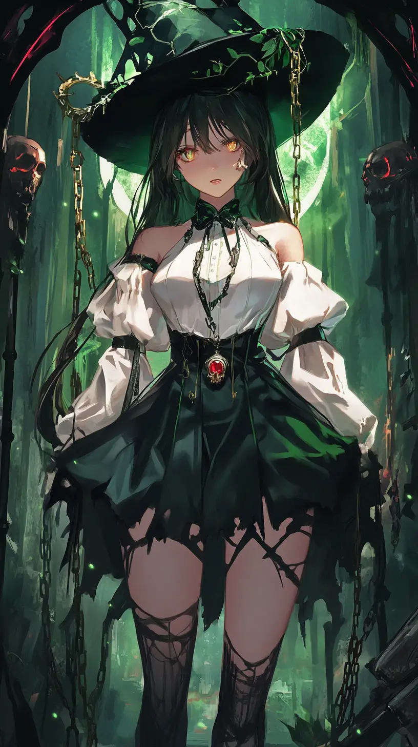 Anime-Hexenmädchen mit Totenkopf-Halskette auf dunkler, zerfallener Torplattform