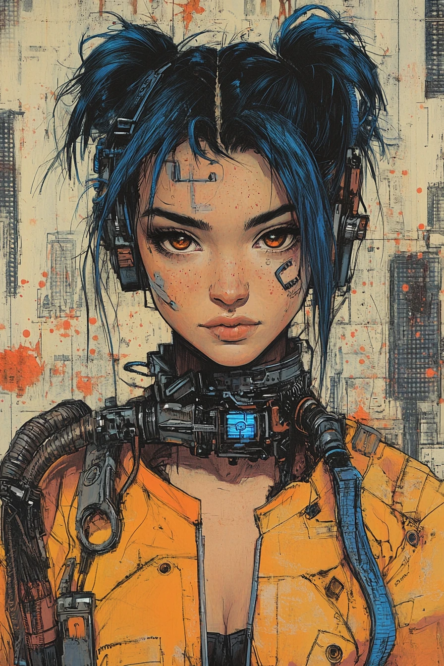 Ritratto di donna cyberpunk con occhi color ambra e sfondo cittadino