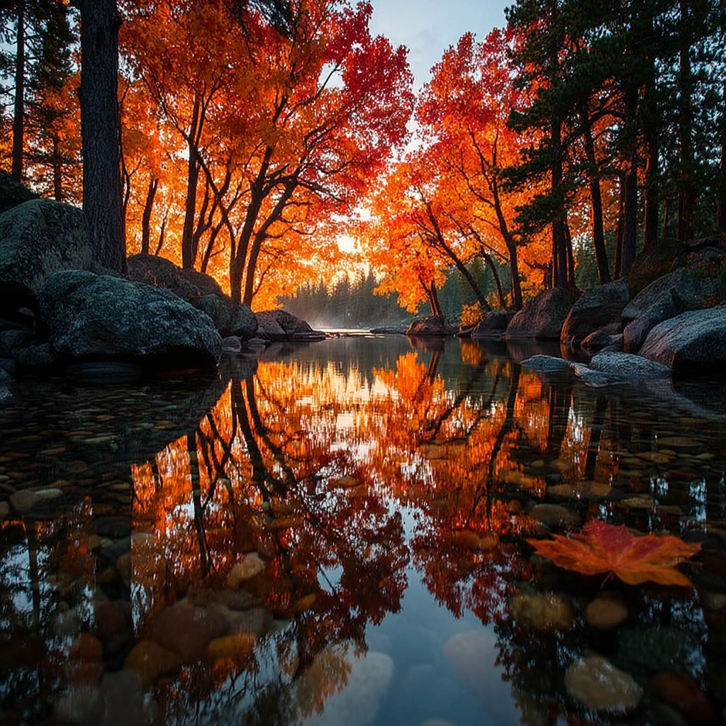 秋の森の湖に映る燃えるような紅葉と静かな水面